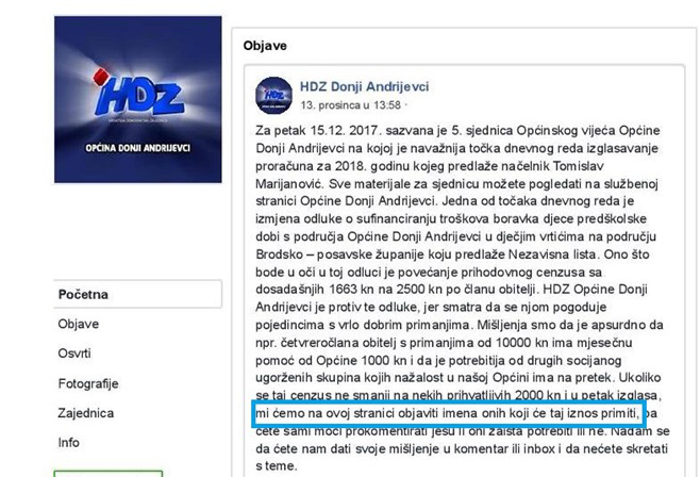 Objava na profilu HDZ-a Doni Andrijevci od 13.12.2017.